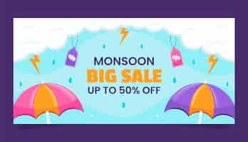 Free vector flat horizontal banner template for monsoon season sale