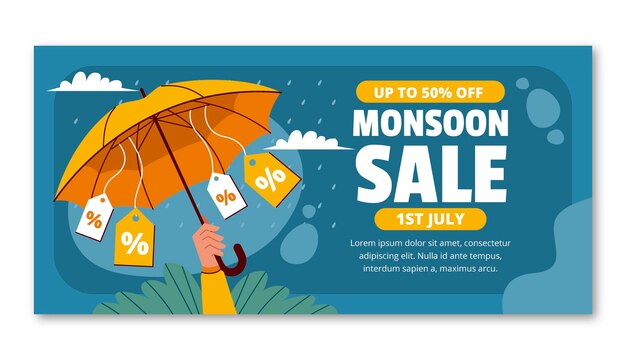 Flat horizontal banner template for monsoon season sales