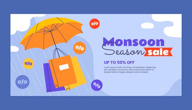 Flat horizontal banner template for monsoon season sales