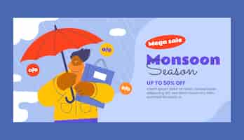 Free vector flat horizontal banner template for monsoon season sales
