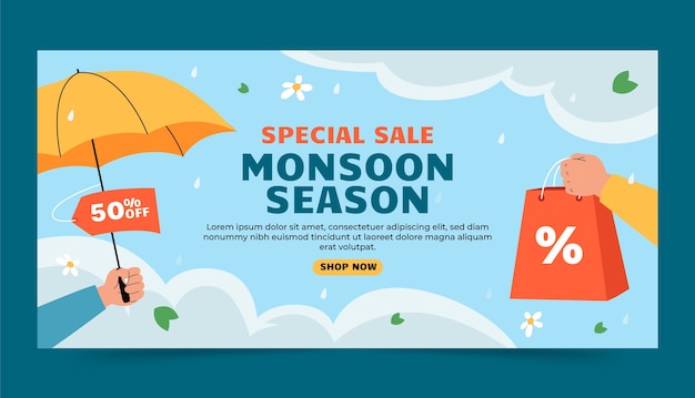 Flat horizontal banner template for monsoon season sales