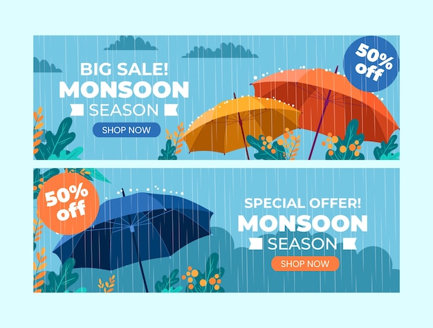 Free vector flat horizontal banner template for monsoon season sales