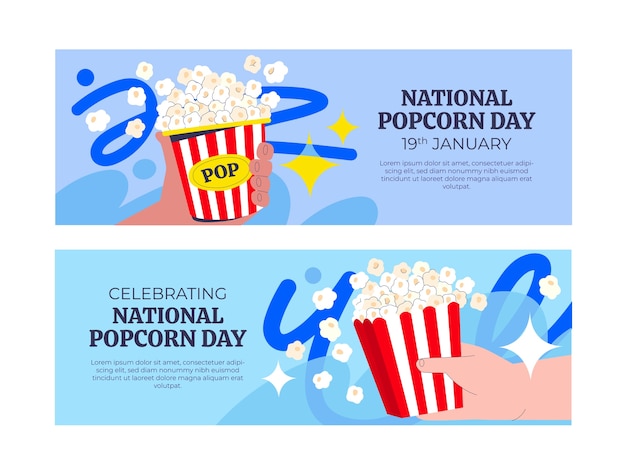 Vettore gratuito modello di banner orizzontale piatto per la giornata nazionale dei popcorn