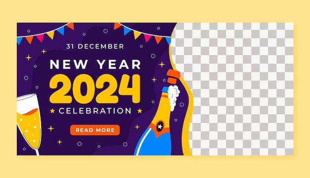 Плоский горизонтальный шаблон баннера для празднования Нового года 2024