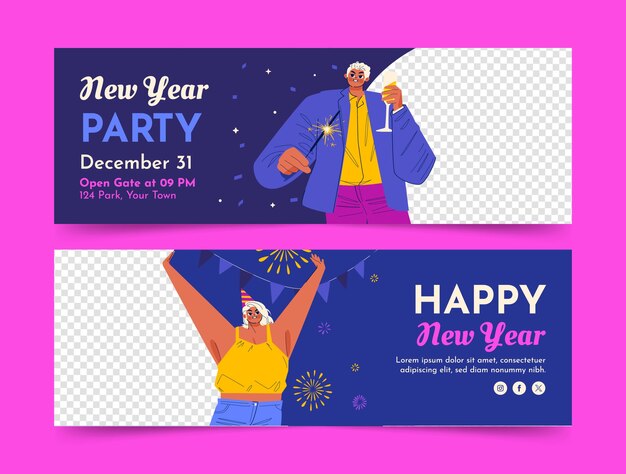 Flat horizontal banner template for new year 2024 celebration