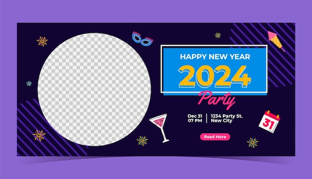 Free vector flat horizontal banner template for new year 2024 with glass and calendar