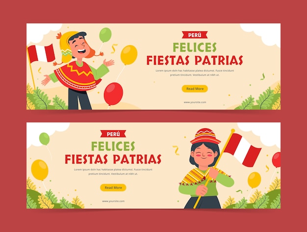 Vettore gratuito modello di banner orizzontale piatto per le celebrazioni delle feste peruviane patrias