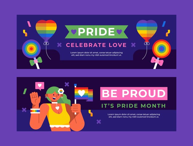 Flat horizontal banner template for pride month celebration