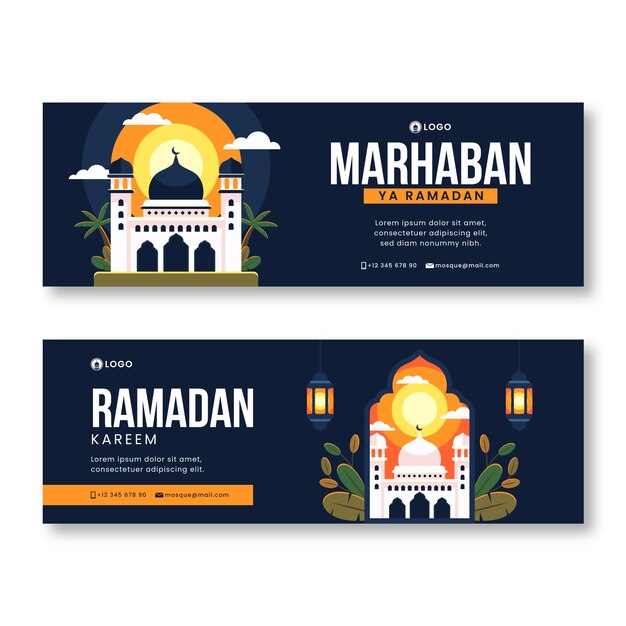 Vettore gratuito modello di banner orizzontale piatto per la celebrazione del ramadan