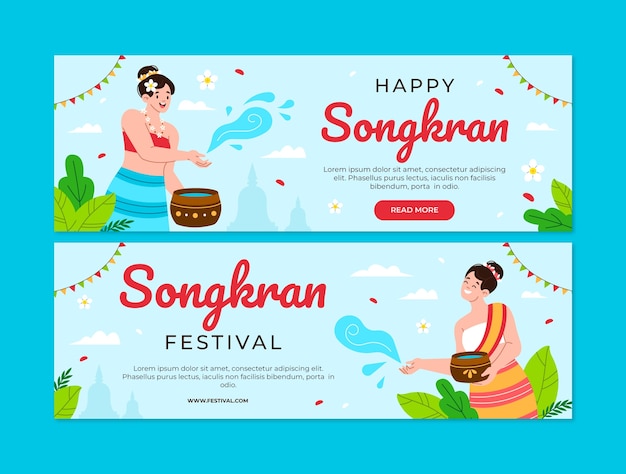 Flat horizontal banner template for songkran water festival celebration