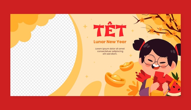 Vettore gratuito modello di banner orizzontale piatto per la celebrazione del tet nuovo anno