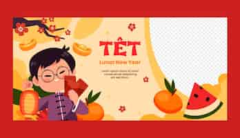 Free vector flat horizontal banner template for tet new year celebration