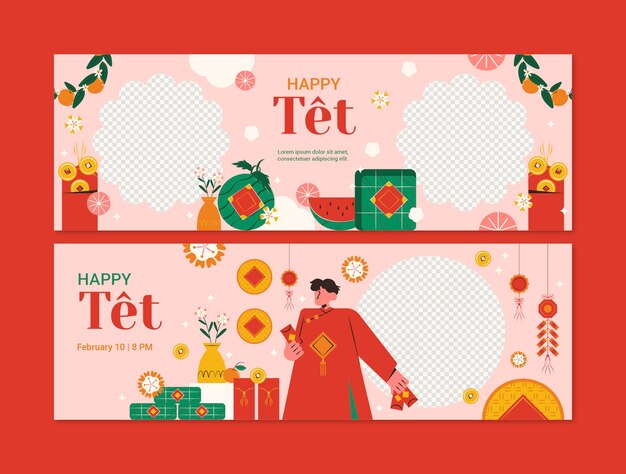 Flat horizontal banner template for tet new year celebration