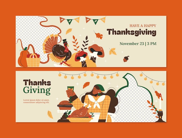 Free vector flat horizontal banner template for thanksgiving celebration