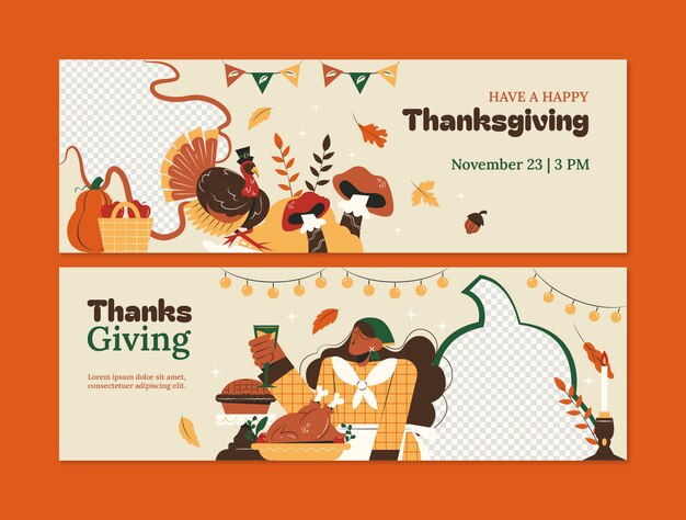 Flat horizontal banner template for thanksgiving celebration