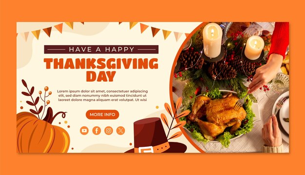 Flat horizontal banner template for thanksgiving with pumpkin and pilgrim hat