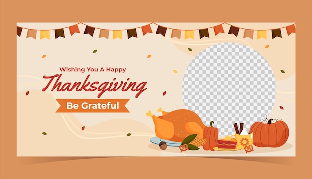 Free vector flat horizontal banner template for thanksgiving with turkey and bunting