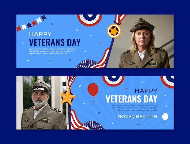 Flat horizontal banner template for usa veterans day holiday