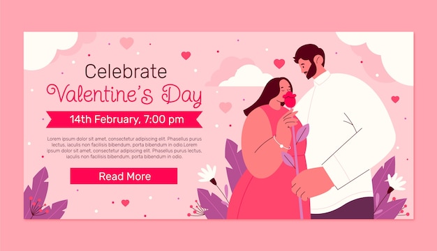 Vettore gratuito modello di banner orizzontale piatto per la festa di san valentino