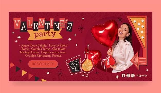 Vettore gratuito modello di banner orizzontale piatto per la celebrazione del giorno di san valentino
