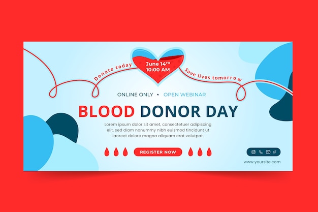世界献血者デーの認識のための平らな水平バナー テンプレート