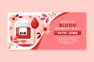 Vettore gratuito modello di banner orizzontale piatto per la consapevolezza della giornata mondiale dei donatori di sangue
