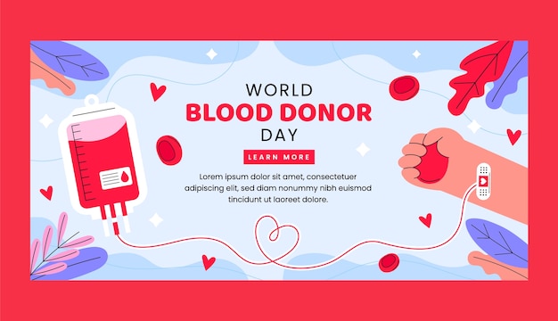 世界献血者デーの平らな水平バナー テンプレート