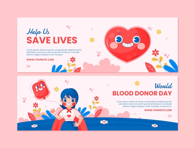 Modello di banner orizzontale piatto per la giornata mondiale del donatore di sangue