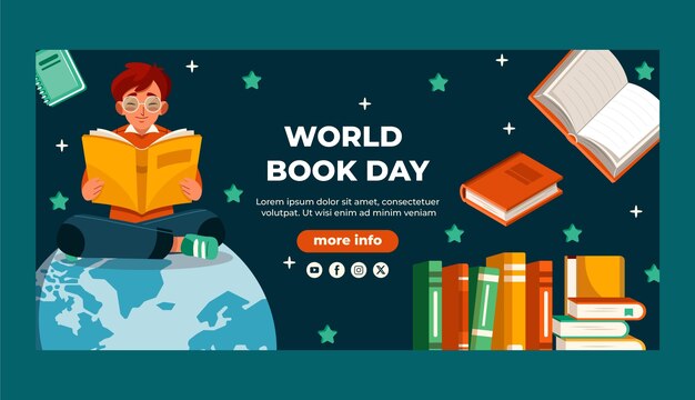 世界書籍の日を祝うための平らな横のバナーテンプレート