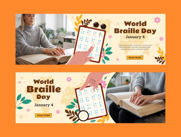 Free vector flat horizontal banner template for world braille day