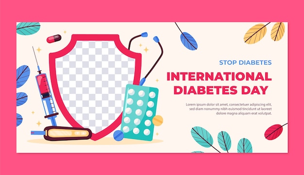 Vettore gratuito modello di banner orizzontale piatto per la consapevolezza della giornata mondiale del diabete