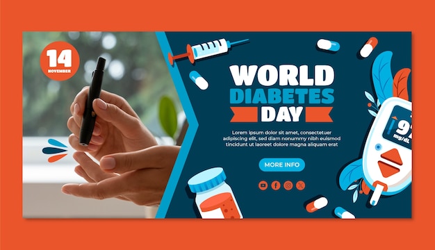 Шаблон плоского горизонтального баннера для Всемирного дня борьбы с диабетом