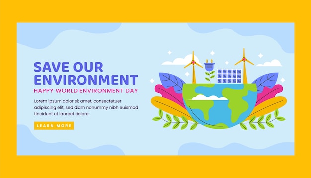 Vettore gratuito modello di banner orizzontale piatto per la celebrazione della giornata mondiale dell'ambiente