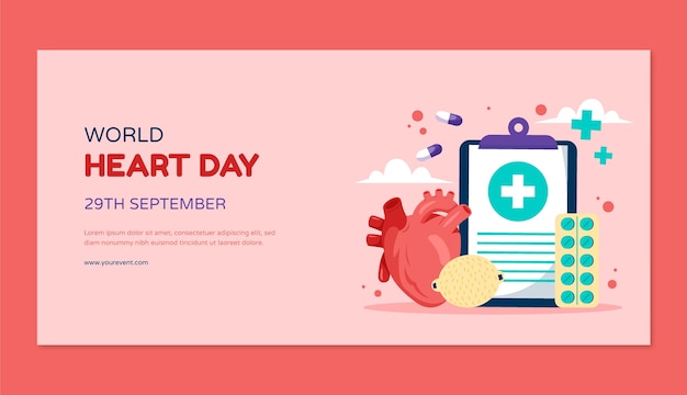 Flat horizontal banner template for world heart day awareness