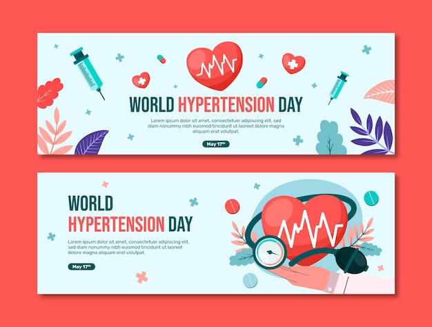 Free vector flat horizontal banner template for world hypertension day awareness