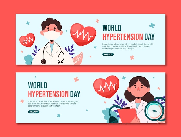 Free vector flat horizontal banner template for world hypertension day awareness