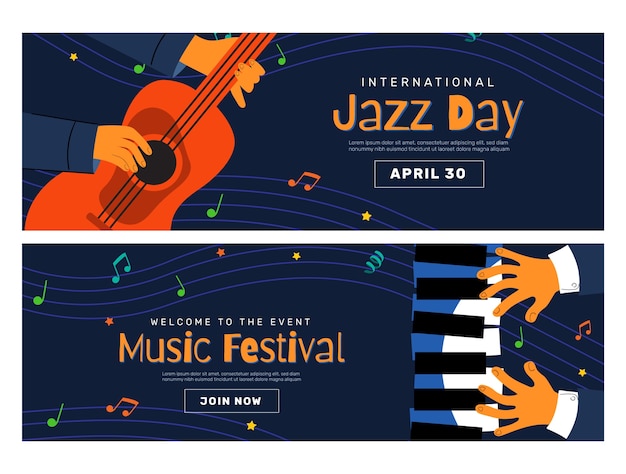 Free vector flat horizontal banner template for world jazz day