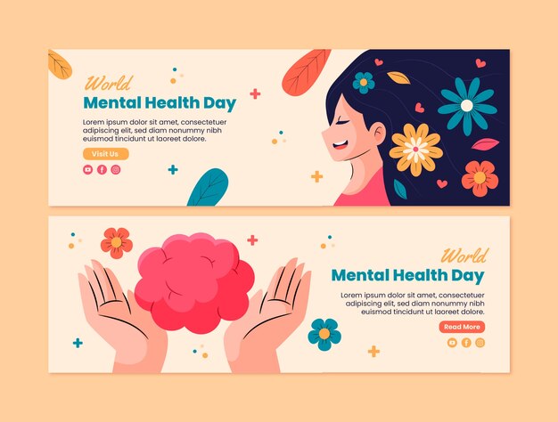 Flat horizontal banner template for world mental health day awareness