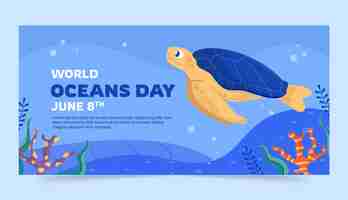 Free vector flat horizontal banner template for world oceans day celebration with oceanic life