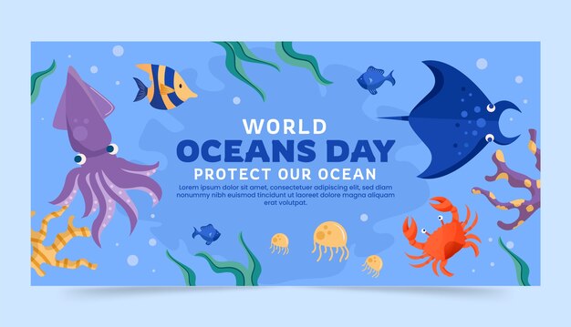 Flat horizontal banner template for world oceans day celebration with oceanic life