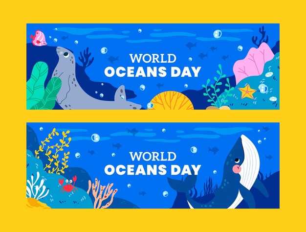 Flat horizontal banner template for world oceans day celebration with oceanic life