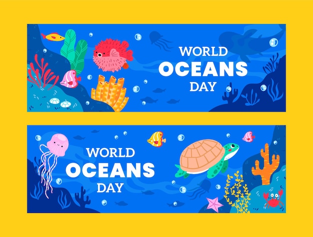 Flat horizontal banner template for world oceans day celebration with oceanic life