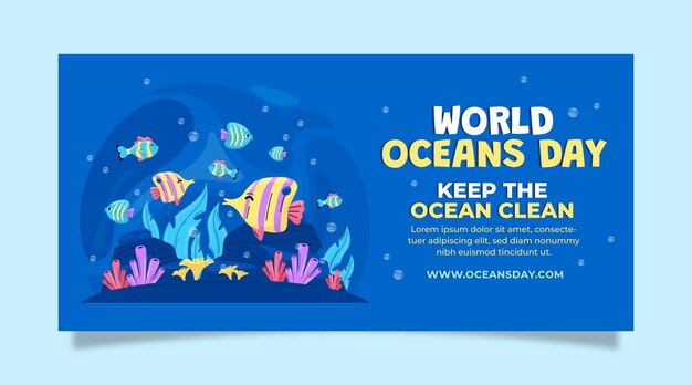 Flat horizontal banner template for world oceans day celebration with oceanic life