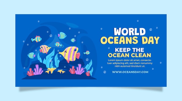 海洋生物と世界海洋デーのお祝いの平らな水平バナー テンプレート