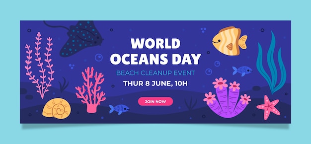 Flat horizontal banner template for world oceans day celebration with oceanic life