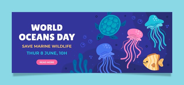 Шаблон плоского горизонтального баннера для празднования всемирного дня океанов с океанической жизнью