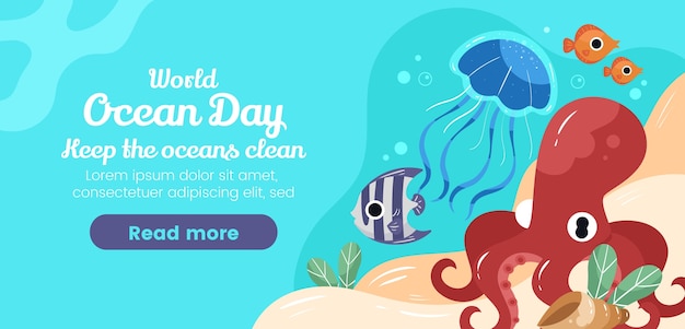 Flat horizontal banner template for world oceans day celebration