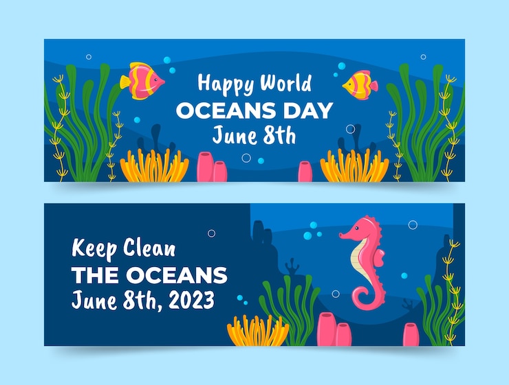 Free Vector flat horizontal banner template for world oceans day celebration