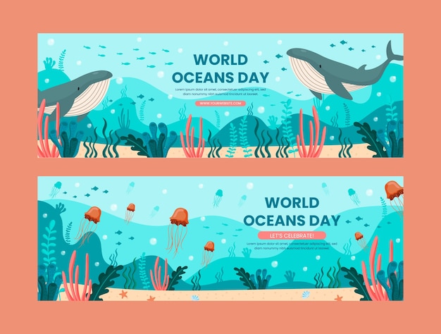 Flat horizontal banner template for world oceans day celebration