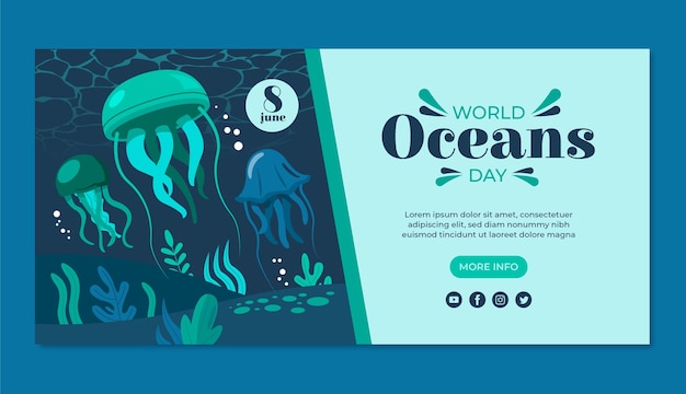 Шаблон плоского горизонтального баннера для празднования всемирного дня океанов